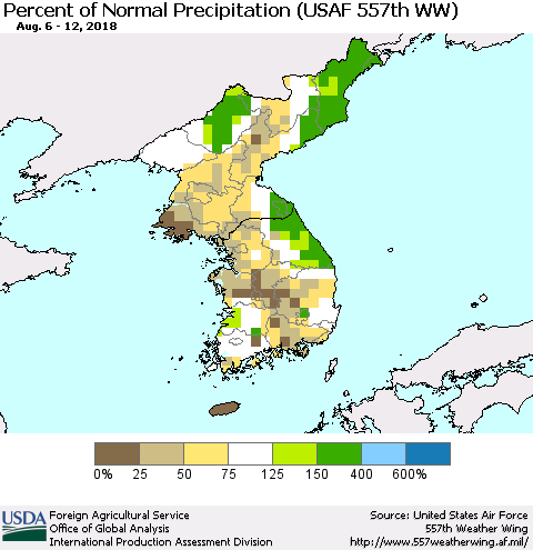 Korea Percent of Normal Precipitation (USAF 557th WW) Thematic Map For 8/6/2018 - 8/12/2018