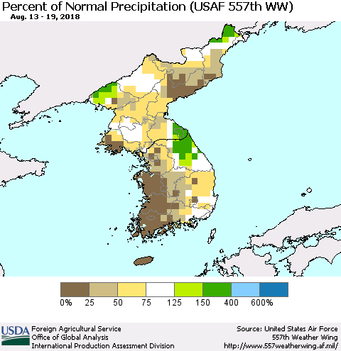 Korea Percent of Normal Precipitation (USAF 557th WW) Thematic Map For 8/13/2018 - 8/19/2018