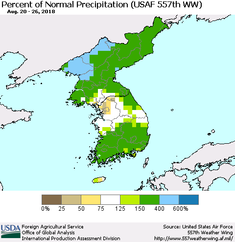 Korea Percent of Normal Precipitation (USAF 557th WW) Thematic Map For 8/20/2018 - 8/26/2018