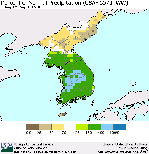 Korea Percent of Normal Precipitation (USAF 557th WW) Thematic Map For 8/27/2018 - 9/2/2018