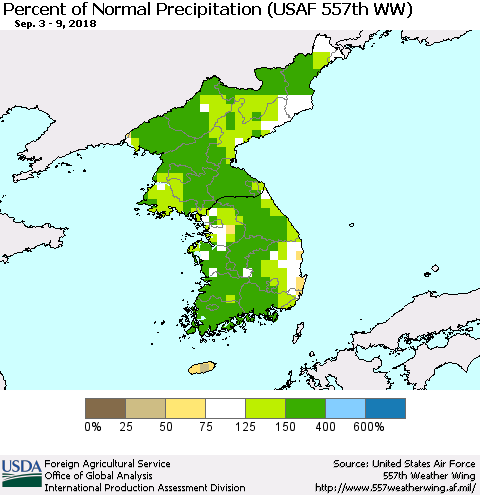 Korea Percent of Normal Precipitation (USAF 557th WW) Thematic Map For 9/3/2018 - 9/9/2018