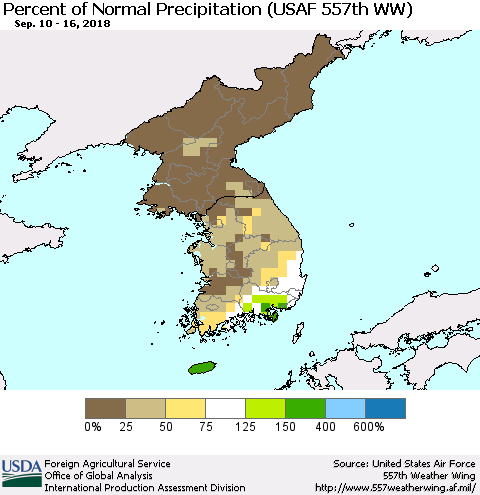 Korea Percent of Normal Precipitation (USAF 557th WW) Thematic Map For 9/10/2018 - 9/16/2018