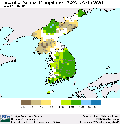 Korea Percent of Normal Precipitation (USAF 557th WW) Thematic Map For 9/17/2018 - 9/23/2018