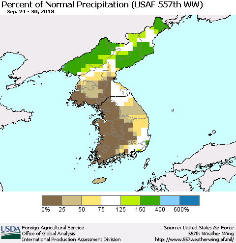 Korea Percent of Normal Precipitation (USAF 557th WW) Thematic Map For 9/24/2018 - 9/30/2018