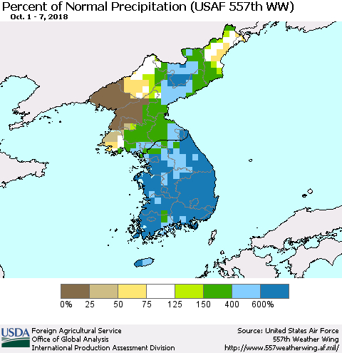 Korea Percent of Normal Precipitation (USAF 557th WW) Thematic Map For 10/1/2018 - 10/7/2018