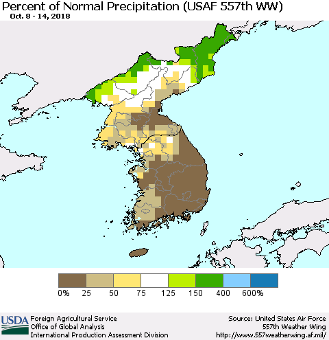 Korea Percent of Normal Precipitation (USAF 557th WW) Thematic Map For 10/8/2018 - 10/14/2018