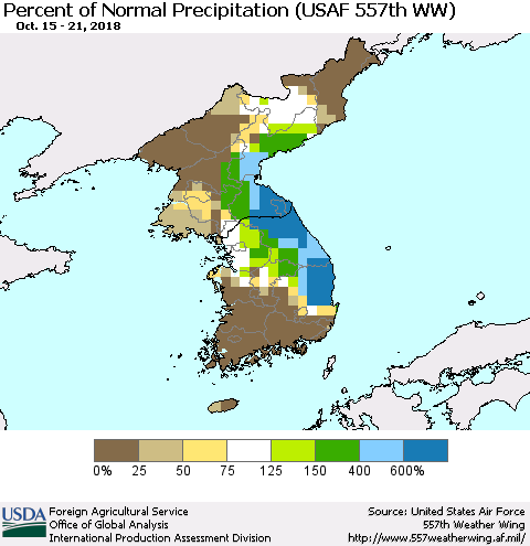 Korea Percent of Normal Precipitation (USAF 557th WW) Thematic Map For 10/15/2018 - 10/21/2018