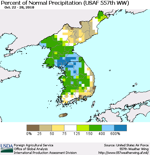 Korea Percent of Normal Precipitation (USAF 557th WW) Thematic Map For 10/22/2018 - 10/28/2018