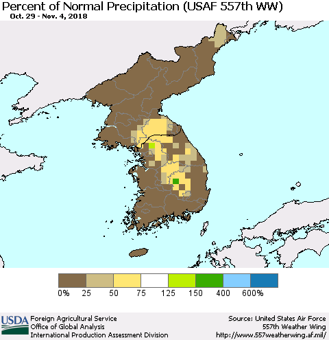Korea Percent of Normal Precipitation (USAF 557th WW) Thematic Map For 10/29/2018 - 11/4/2018