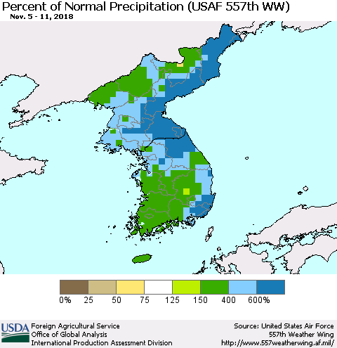Korea Percent of Normal Precipitation (USAF 557th WW) Thematic Map For 11/5/2018 - 11/11/2018