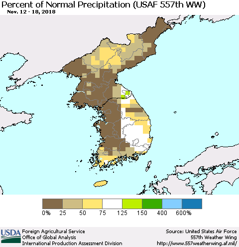 Korea Percent of Normal Precipitation (USAF 557th WW) Thematic Map For 11/12/2018 - 11/18/2018