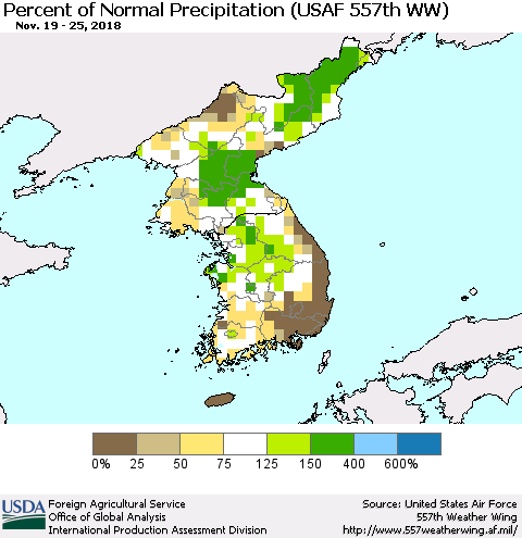 Korea Percent of Normal Precipitation (USAF 557th WW) Thematic Map For 11/19/2018 - 11/25/2018