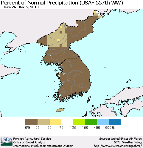 Korea Percent of Normal Precipitation (USAF 557th WW) Thematic Map For 11/26/2018 - 12/2/2018