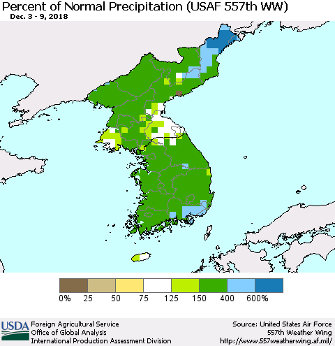 Korea Percent of Normal Precipitation (USAF 557th WW) Thematic Map For 12/3/2018 - 12/9/2018