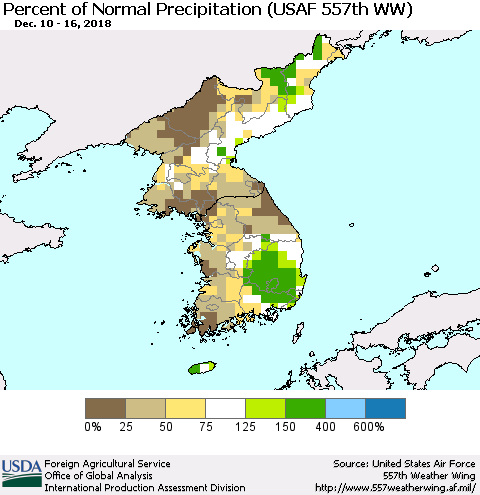 Korea Percent of Normal Precipitation (USAF 557th WW) Thematic Map For 12/10/2018 - 12/16/2018