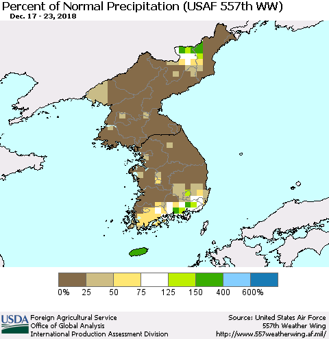 Korea Percent of Normal Precipitation (USAF 557th WW) Thematic Map For 12/17/2018 - 12/23/2018