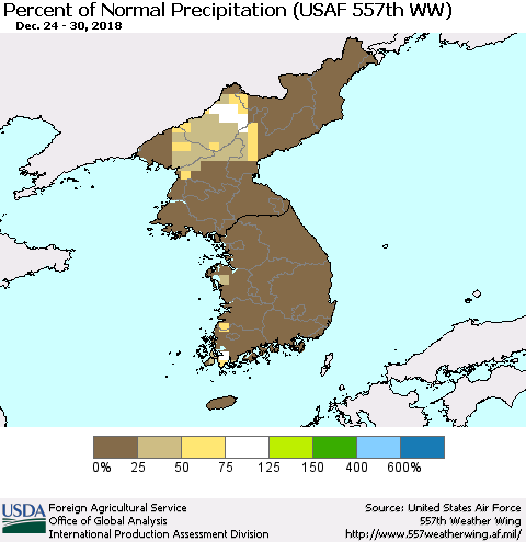 Korea Percent of Normal Precipitation (USAF 557th WW) Thematic Map For 12/24/2018 - 12/30/2018