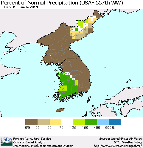 Korea Percent of Normal Precipitation (USAF 557th WW) Thematic Map For 12/31/2018 - 1/6/2019