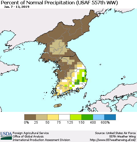 Korea Percent of Normal Precipitation (USAF 557th WW) Thematic Map For 1/7/2019 - 1/13/2019