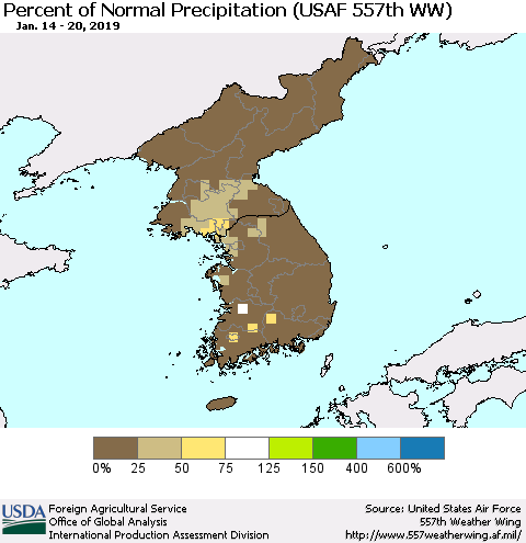 Korea Percent of Normal Precipitation (USAF 557th WW) Thematic Map For 1/14/2019 - 1/20/2019