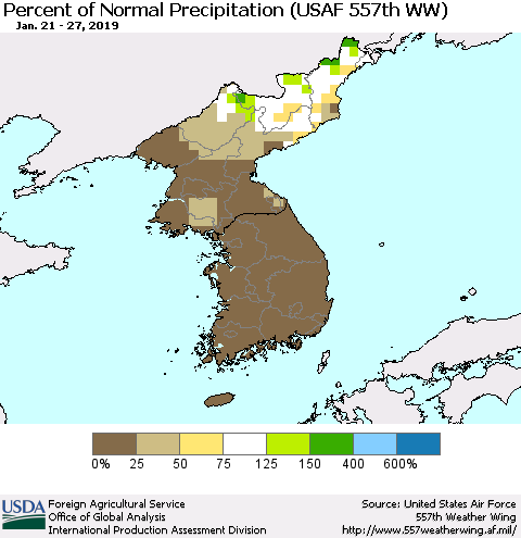 Korea Percent of Normal Precipitation (USAF 557th WW) Thematic Map For 1/21/2019 - 1/27/2019
