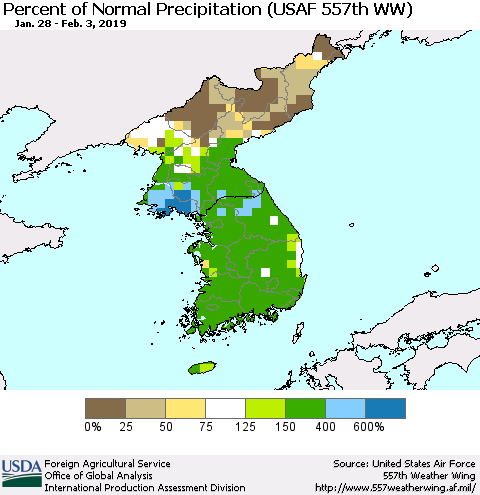 Korea Percent of Normal Precipitation (USAF 557th WW) Thematic Map For 1/28/2019 - 2/3/2019