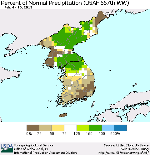 Korea Percent of Normal Precipitation (USAF 557th WW) Thematic Map For 2/4/2019 - 2/10/2019