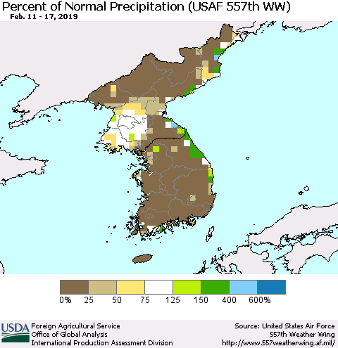 Korea Percent of Normal Precipitation (USAF 557th WW) Thematic Map For 2/11/2019 - 2/17/2019