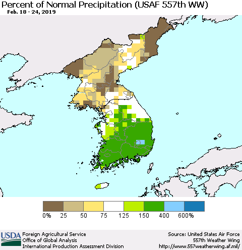 Korea Percent of Normal Precipitation (USAF 557th WW) Thematic Map For 2/18/2019 - 2/24/2019