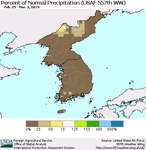 Korea Percent of Normal Precipitation (USAF 557th WW) Thematic Map For 2/25/2019 - 3/3/2019
