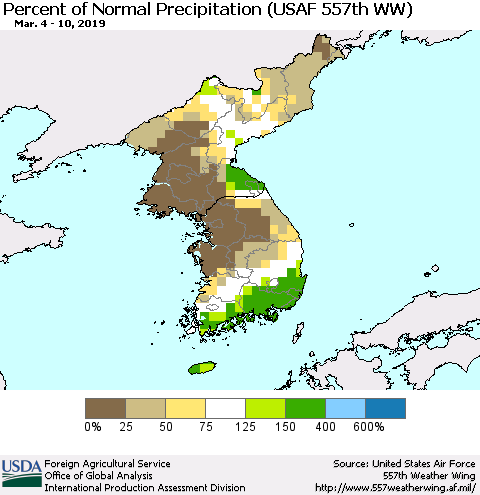 Korea Percent of Normal Precipitation (USAF 557th WW) Thematic Map For 3/4/2019 - 3/10/2019