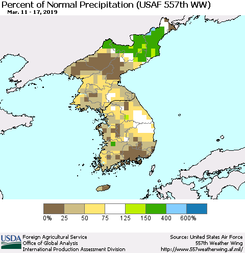 Korea Percent of Normal Precipitation (USAF 557th WW) Thematic Map For 3/11/2019 - 3/17/2019