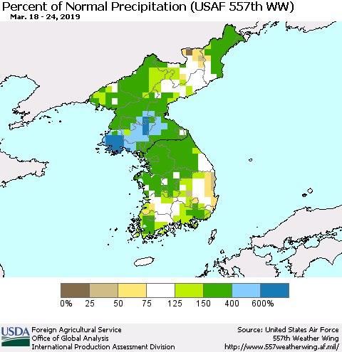 Korea Percent of Normal Precipitation (USAF 557th WW) Thematic Map For 3/18/2019 - 3/24/2019