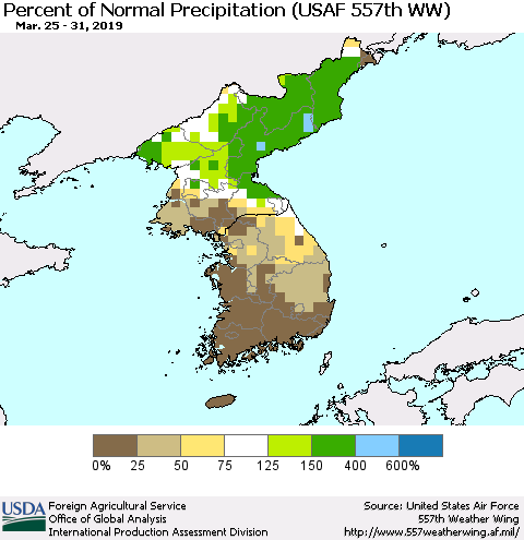 Korea Percent of Normal Precipitation (USAF 557th WW) Thematic Map For 3/25/2019 - 3/31/2019