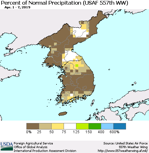 Korea Percent of Normal Precipitation (USAF 557th WW) Thematic Map For 4/1/2019 - 4/7/2019
