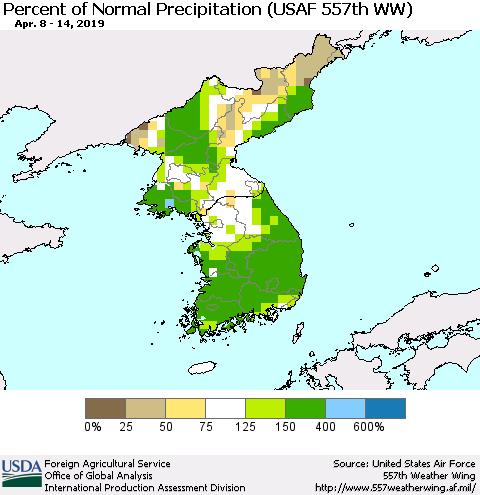 Korea Percent of Normal Precipitation (USAF 557th WW) Thematic Map For 4/8/2019 - 4/14/2019