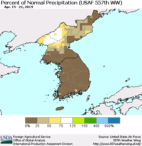 Korea Percent of Normal Precipitation (USAF 557th WW) Thematic Map For 4/15/2019 - 4/21/2019
