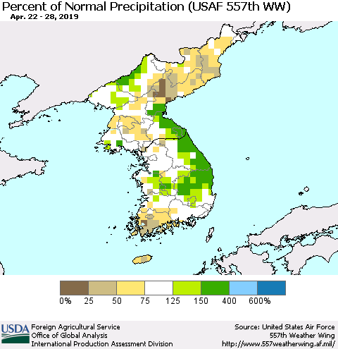 Korea Percent of Normal Precipitation (USAF 557th WW) Thematic Map For 4/22/2019 - 4/28/2019