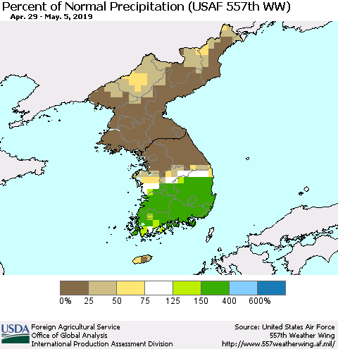 Korea Percent of Normal Precipitation (USAF 557th WW) Thematic Map For 4/29/2019 - 5/5/2019