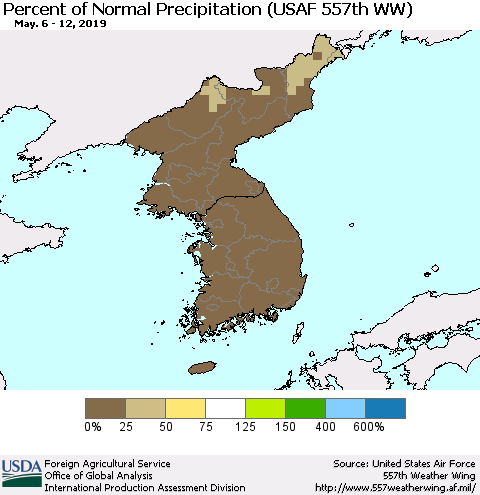 Korea Percent of Normal Precipitation (USAF 557th WW) Thematic Map For 5/6/2019 - 5/12/2019