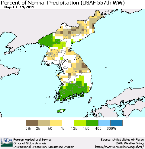 Korea Percent of Normal Precipitation (USAF 557th WW) Thematic Map For 5/13/2019 - 5/19/2019