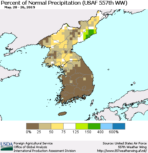 Korea Percent of Normal Precipitation (USAF 557th WW) Thematic Map For 5/20/2019 - 5/26/2019