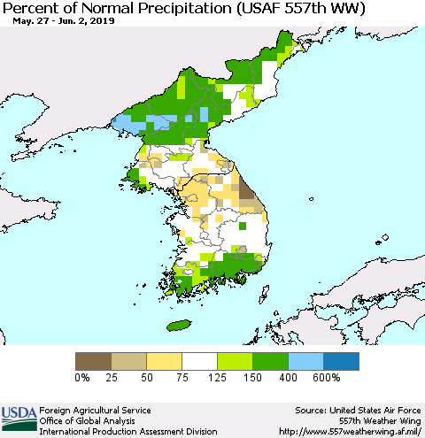 Korea Percent of Normal Precipitation (USAF 557th WW) Thematic Map For 5/27/2019 - 6/2/2019