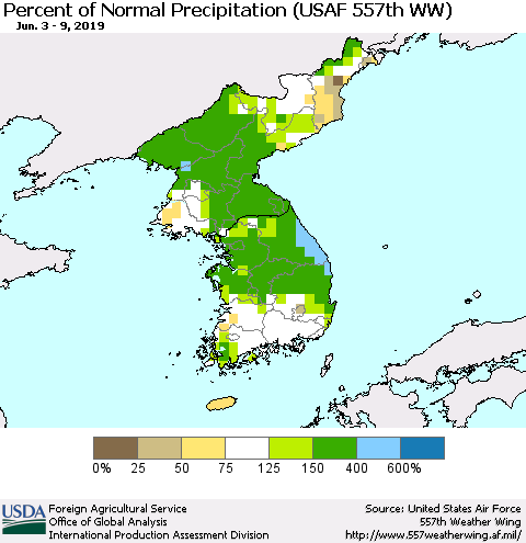 Korea Percent of Normal Precipitation (USAF 557th WW) Thematic Map For 6/3/2019 - 6/9/2019