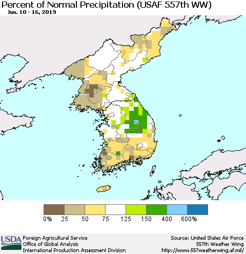 Korea Percent of Normal Precipitation (USAF 557th WW) Thematic Map For 6/10/2019 - 6/16/2019