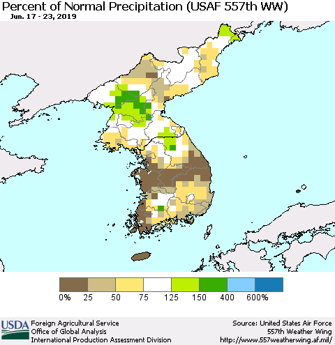 Korea Percent of Normal Precipitation (USAF 557th WW) Thematic Map For 6/17/2019 - 6/23/2019