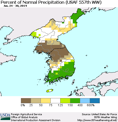 Korea Percent of Normal Precipitation (USAF 557th WW) Thematic Map For 6/24/2019 - 6/30/2019