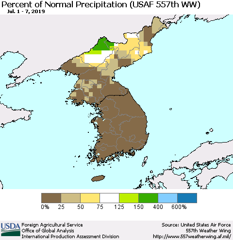 Korea Percent of Normal Precipitation (USAF 557th WW) Thematic Map For 7/1/2019 - 7/7/2019