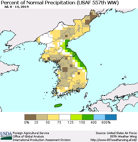 Korea Percent of Normal Precipitation (USAF 557th WW) Thematic Map For 7/8/2019 - 7/14/2019
