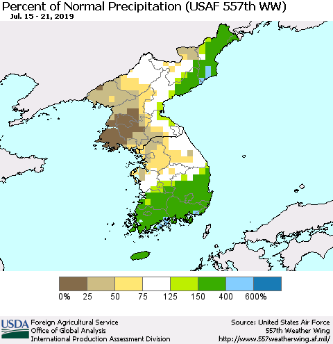 Korea Percent of Normal Precipitation (USAF 557th WW) Thematic Map For 7/15/2019 - 7/21/2019